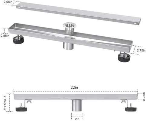 22-Inch Linear Shower Drain with Tile Insert Grate and Hair Strainer