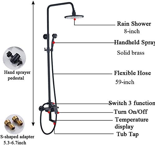 Huin Black Bathtub Shower Set with LED Rain Shower Head and Mixing Faucet