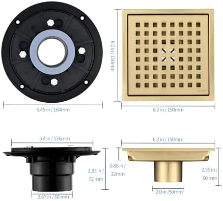 6-Inch 304 Stainless Steel Gold-Plated Shower Drain Kit