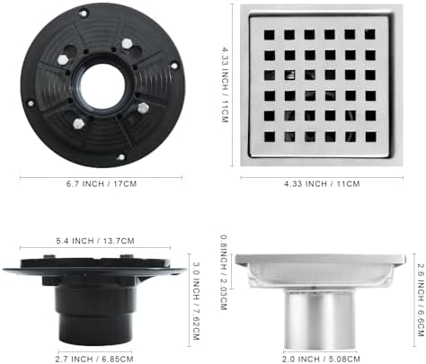 4 Inch Square Stainless Steel Shower Drain with Grid High Flow Brushed Nickel