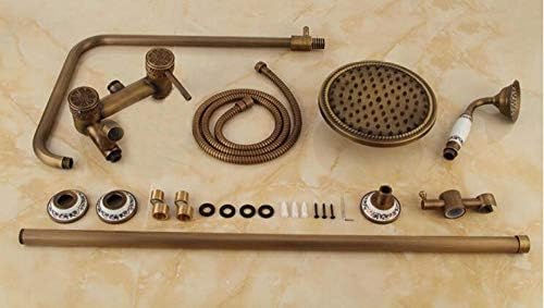 Amortized Bathtub Shower Faucet Set - 8-inch Round Carved Pattern Antique Brass