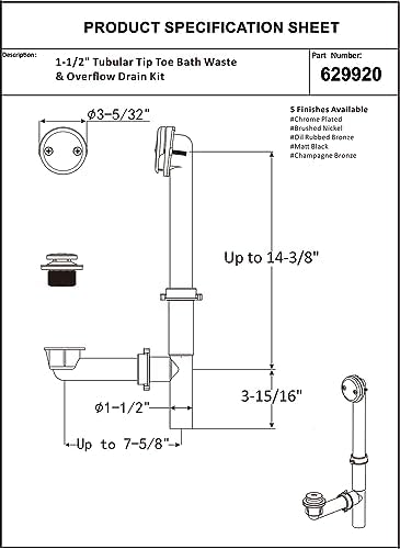 Artiwell 1-12 Black Tubular Bath Drain Kit with Stopper