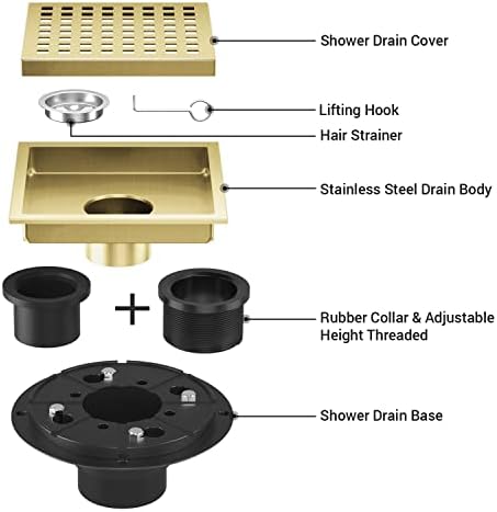 6 Inch Square Shower Drain Gold conceder with Grate 42 lmin Effluent Rate