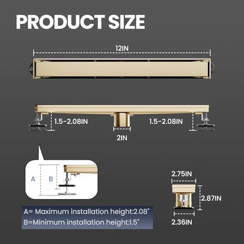 LISEEGO Linear Shower Drain 12 Inch Gold