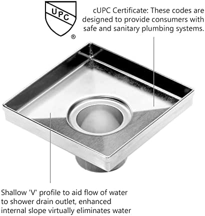 4-inch Square Stainless Steel Shower Drain with Removable Grates
