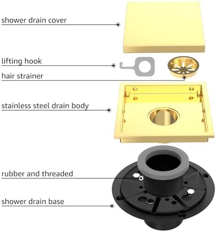 Iriber 6-Inch Square Shower Drain Stainless Steel Brushed Gold