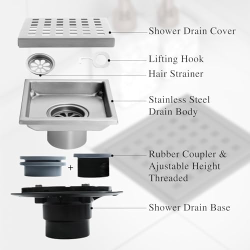 4 Inch Square Stainless Steel Shower Drain with Grid High Flow Brushed Nickel