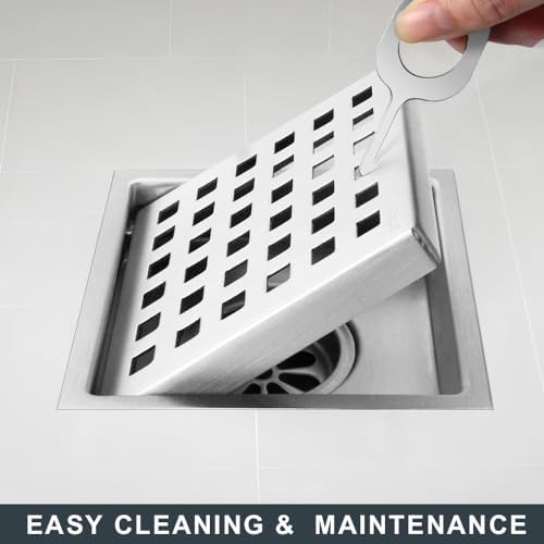 4 Inch Square Stainless Steel Shower Drain with Grid High Flow Brushed Nickel