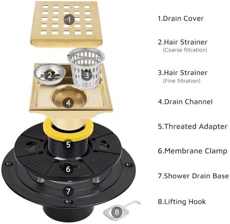 Heaorld Square Shower Drain 4 Inch Brushed Gold 1