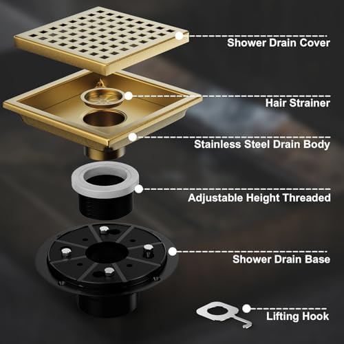 6-Inch Square Shower Drain with Brushed Gold Finish for Efficient Flow