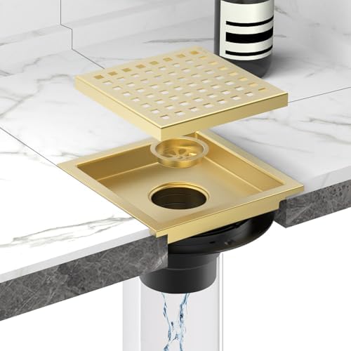 Zeus Gold 6-inch Square Stainless Steel Shower Drain Hair Catcher