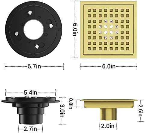 6 Inch Square Shower Drain Gold conceder with Grate 42 lmin Effluent Rate
