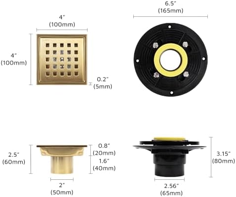 Heaorld Square Shower Drain 4 Inch Brushed Gold 1