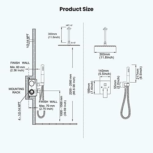 Gotonovo Ceiling Mount Shower Faucet Brushed Nickel 12-inch Square