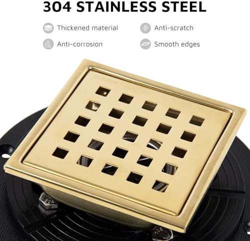 Heaorld Square Shower Drain 4 Inch Brushed Gold 1