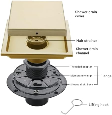 TRJIKAG 4-inch Gold Stainless Steel Square Shower Drain
