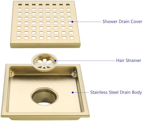 6-Inch Stainless Steel Shower Floor Drain with Gold Finish