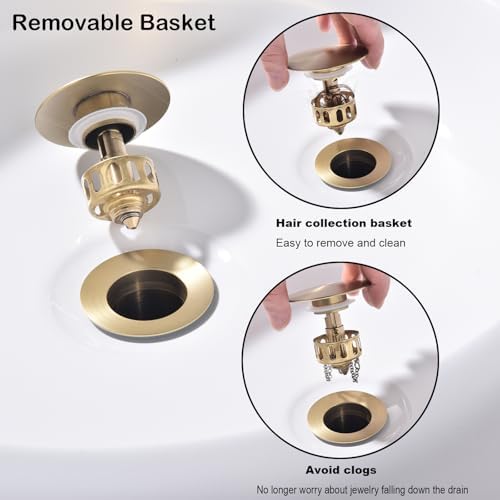 BathroomsGold Pop Up Drainassembly with DetachableStrainerBasket Anti-ClogVessel SinkDrainStopper