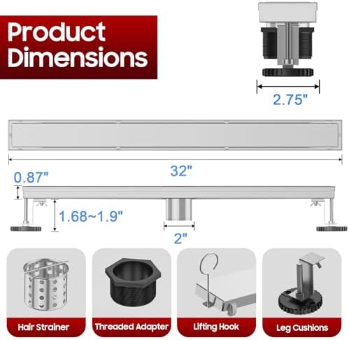 DLONE 32-inch Stainless Steel Linear Shower Drain Durable Multi-Use