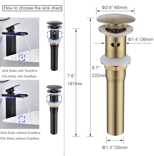 Vessel Sink Drain Kit with Overflow Brushed Gold Stainless Steel