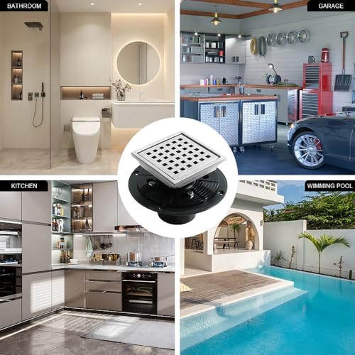 4 Inch Square Stainless Steel Shower Drain with Grid High Flow Brushed Nickel