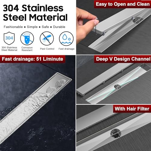 DLONE 32-inch Stainless Steel Linear Shower Drain Durable Multi-Use