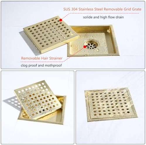 6-Inch Stainless Steel Shower Floor Drain with Gold Finish