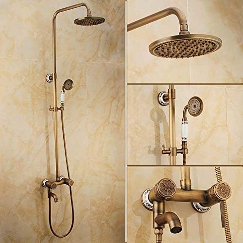 Amortized Bathtub Shower Faucet Set - 8-inch Round Carved Pattern Antique Brass