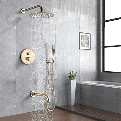 Rain shower system brushed gold bath faucet set with tub spout