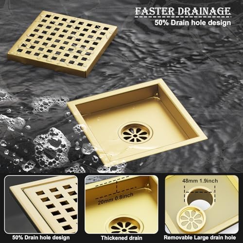 6-Inch Square Shower Drain with Brushed Gold Finish for Efficient Flow
