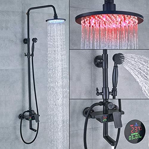 Huin Black Bathtub Shower Set with LED Rain Shower Head and Mixing Faucet