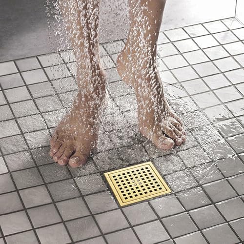6-Inch Square Shower Drain with Brushed Gold Finish for Efficient Flow