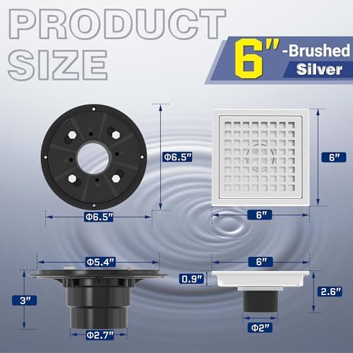 6 Square Floor Shower Drain Silver 304 Stainless Steel