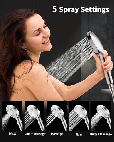 FASDUNT Handheld Shower Head with 80 Hose and 5 Spray Modes