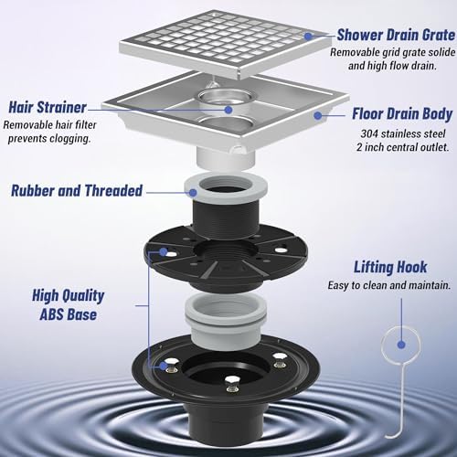 6 Square Floor Shower Drain Silver 304 Stainless Steel