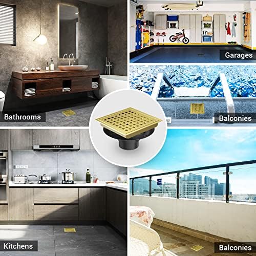 6 Inch Square Shower Drain Gold conceder with Grate 42 lmin Effluent Rate