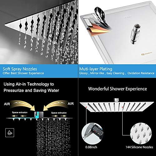 NearMoon Square Rain shower head with extension arm 12 inch stainless steel option