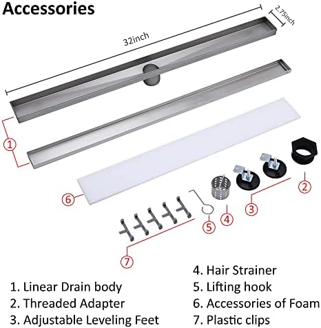 32-Inch Linear Shower Drain JECONNY Stainless Steel with Adjustable Feet Hair Strainer