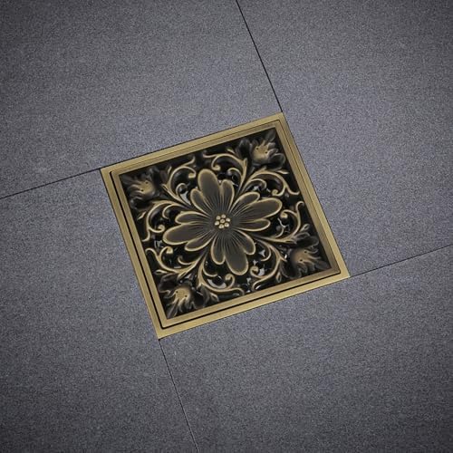 Wealrit 4-inch Square Shower Floor Drain Carved Flower Style