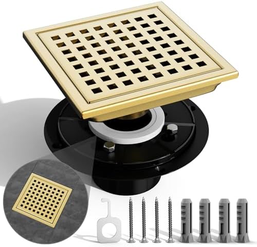 6-Inch Square Shower Drain with Brushed Gold Finish for Efficient Flow