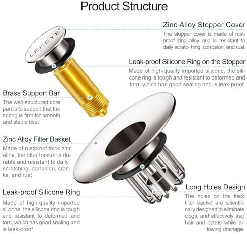 LEKEYE Pop-Up Sink Stopper with Hair Catcher Brushed Nickel