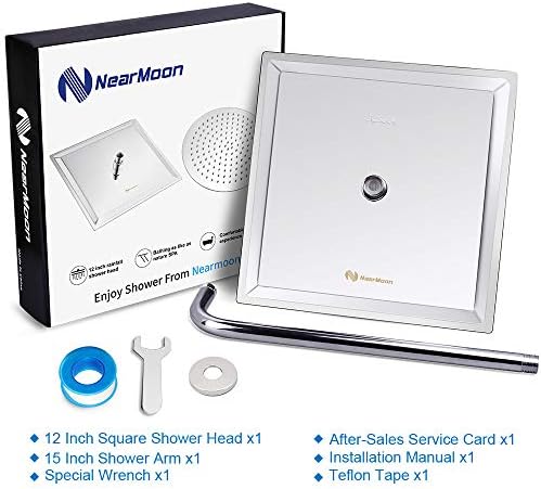 NearMoon Square Rain shower head with extension arm 12 inch stainless steel option